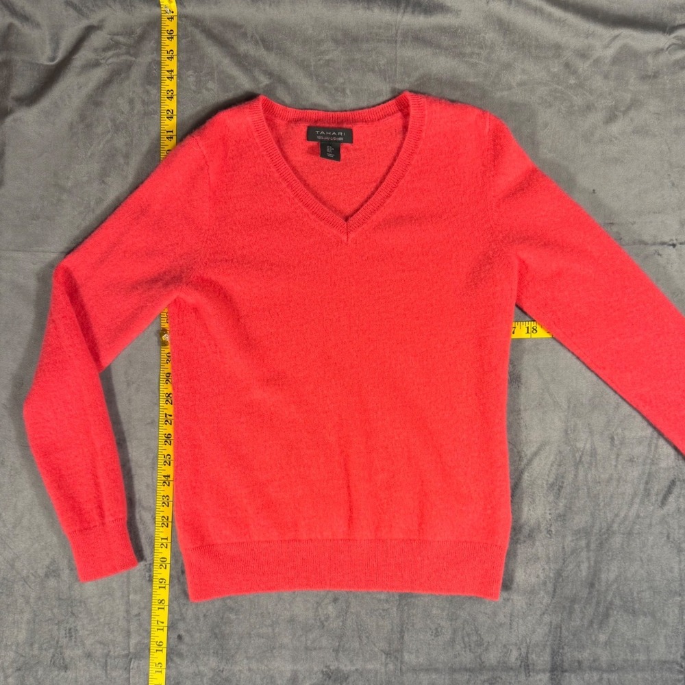 Tahari V-Neck Sweater Womens Large Poppy Red 100% 2-Ply Cashmere Knit Pullover
